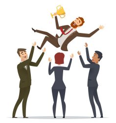 Business victory. Happy team congrats his mentor leader director team building happy winner with trophy cup vector characters. Illustration of congratulation businessman